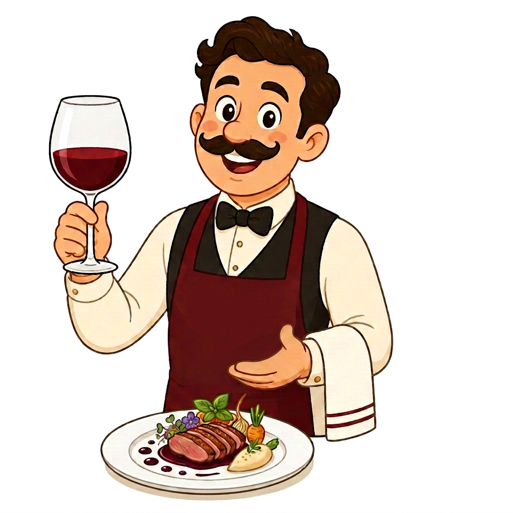 Cartoon sommelier holding a glass of wine next to a plate of pasta and a beer